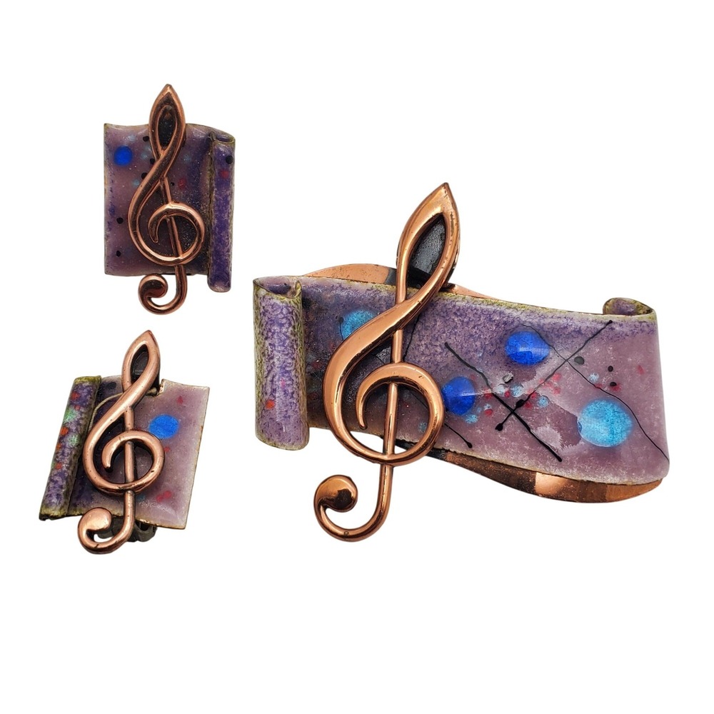 Matisse Renoir Etude Brooch Clip On Earrings Purple Enamel Copper Pin Music Note